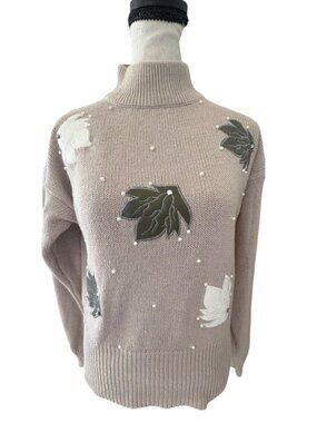 VTG 80's Croquet Club Mock Neck Sweater Leaf Applique Faux Pearl Grandmacore M
